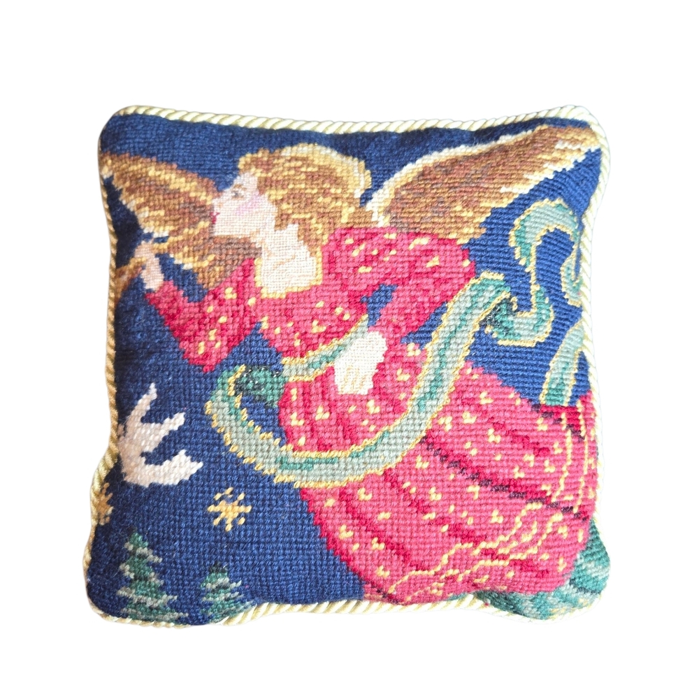 Vintage Angel Needlepoint Tapestry Velvet Backed Gold Braid Edged Pillow 10"X10"